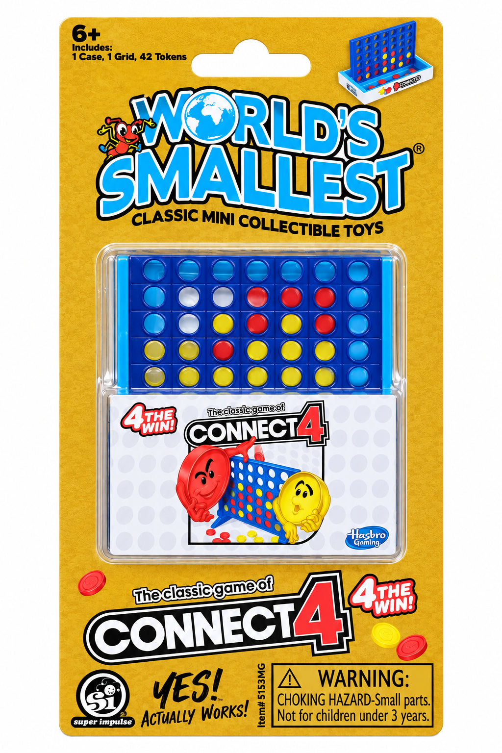 World's Smallest Classic Mini Collectible Toys Connect 4 in its original retail blister packaging, featuring a gold card backing and the blue game board inside.