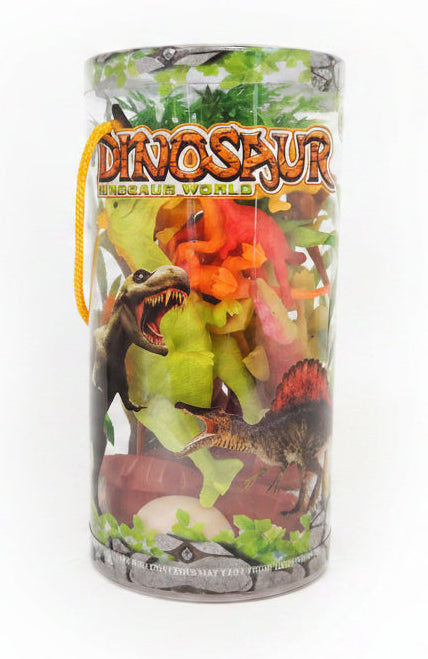 A cylindrical plastic toy container labeled 'DINOSAUR WORLD' with a yellow-orange hanging loop, shown on a plain light gray background.