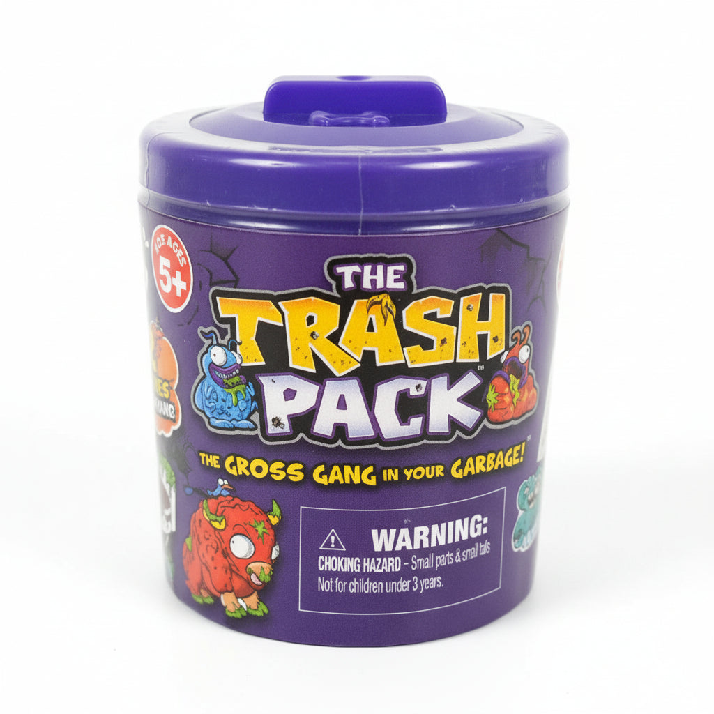 A purple plastic container of 'The Trash Pack' bug cross gang kit, featuring a matching purple lid and a colorful label with product details and a warning.