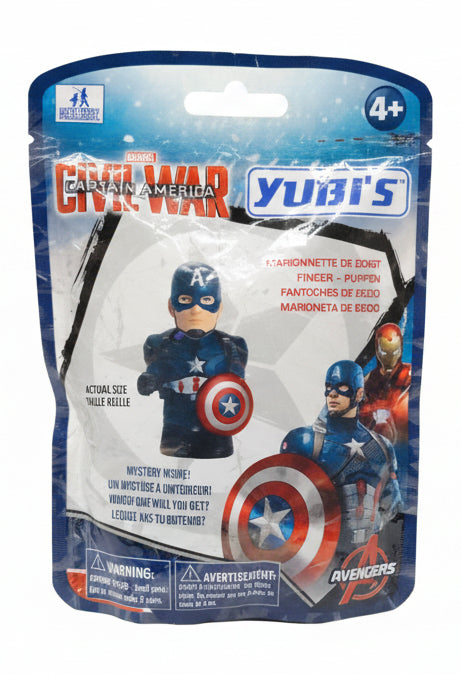 Captain America Yubt's Mystery Figure blind bag packaging, featuring a blue and white design with illustrations of Captain America and Marvel branding.