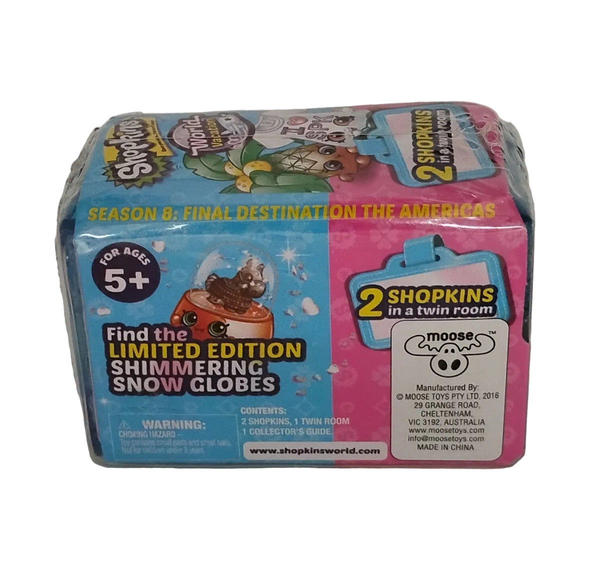 A boxed Shopkins limited edition toy package, specifically a Season 8 final destination in the Americas limited edition snow globe set. The packaging is blue and pink with various Shopkins characters printed on it, and a white 'moose' logo on the front.