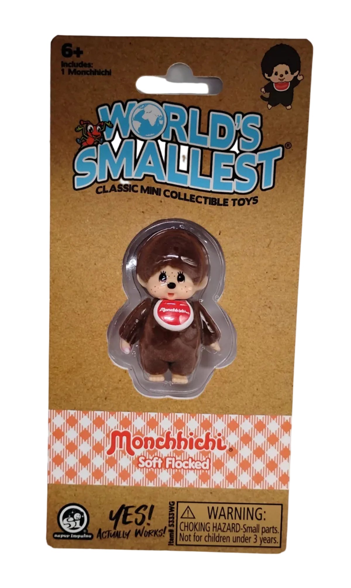 A packaged collectible toy figure of Monchbichi from YES! Kidz Movies, shown in its original brown cardboard blister packaging against a neutral gray background.