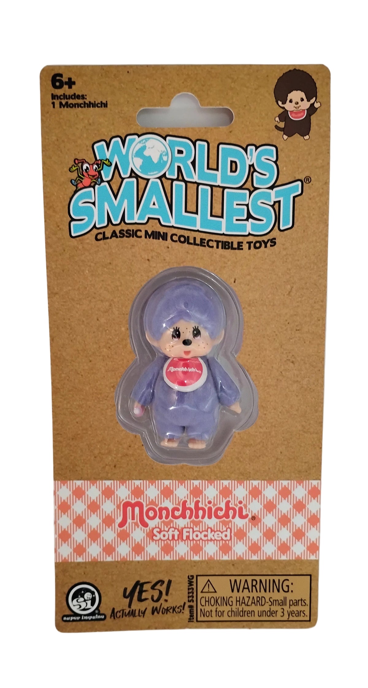World's Smallest Classic Mini Collectible Toys Monchhicht Soft Fluffy figure in its original cardboard blister packaging.