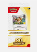 Pokémon Knock Out Collection 30th Celebration booster pack packaging, featuring a Leafeon card on the front with yellow and red branding.