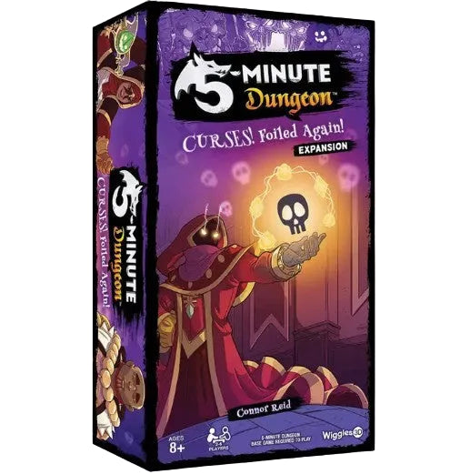 5-Minute Dungeon: Curses Foiled Again! Expansion board game box shown at a slight angle on a plain white background. The box art features a purple and black fantasy design with a robed character casting a spell and the 5-Minute Dungeon logo at the top.