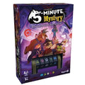 The board game box for '5 Minute Mystery' by Connor Reed, featuring a purple and black design with cartoon animal characters and a window displaying the mystery symbols inside.