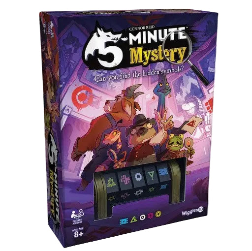 The board game box for '5 Minute Mystery' by Connor Reed, featuring a purple and black design with cartoon animal characters and a window displaying the mystery symbols inside.