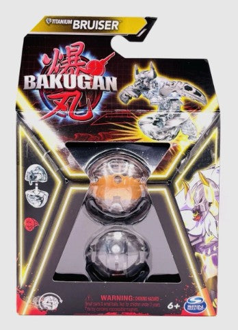 Bakugan Brawler Titanium Bruiser toy set in its original retail blister packaging, featuring two spinning ball gauges and anime character graphics.