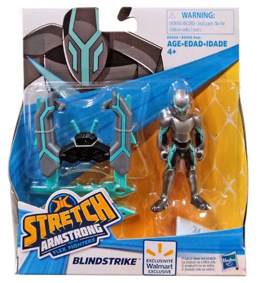 Hasbro Stretch Armstrong Blindstrike toy action figure and accessory set in its original retail blister packaging, featuring a silver and teal armored figure and a matching accessory on a blue and orange backing card.