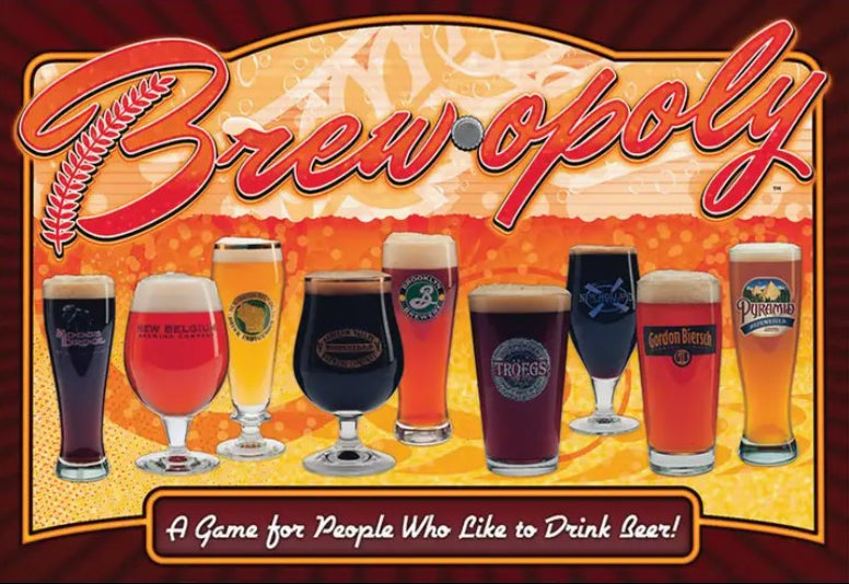 Brew opoly board game cover featuring a row of different beer glasses and bottles on a warm orange and yellow background with the game title in large red script.