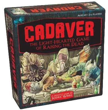 Cadaver board game box showing horror-themed illustrated artwork with large red title text and the subtitle 'The Light-Hearted Game of Raising the Dead.'.