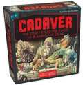Cadaver board game box showing horror-themed illustrated artwork with large red title text and the subtitle 'The Light-Hearted Game of Raising the Dead.'.