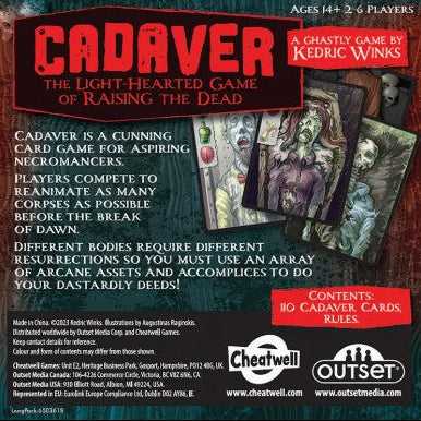 Box art for the card game Cadaver, showing the title in large red letters, a dark illustrated background with zombie and skeleton card artwork, and publisher logos including Cheatwell and Outset at the bottom.