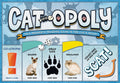 Cat-opoly game board with cat-themed properties and text