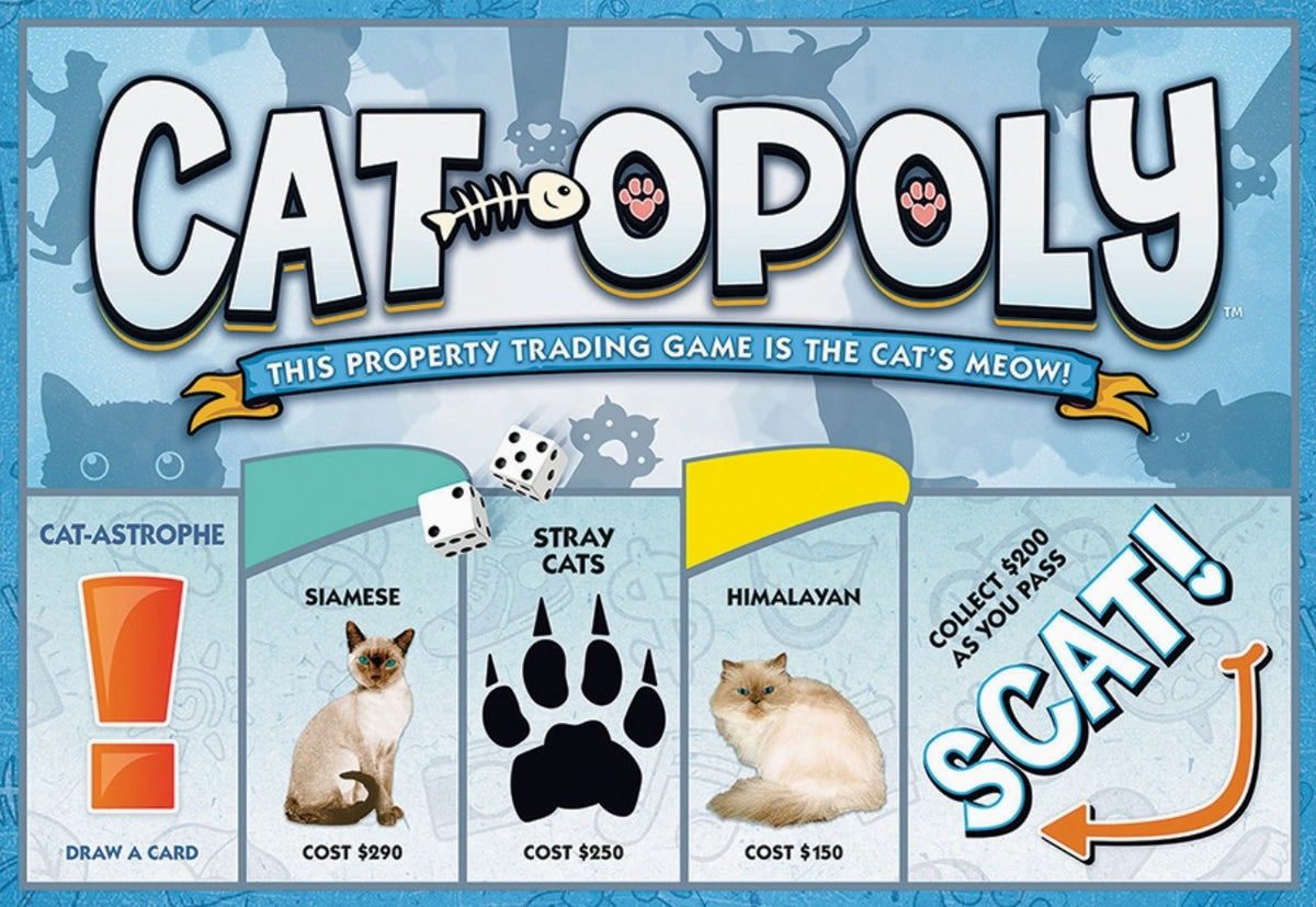Cat-opoly game board with cat-themed properties and text