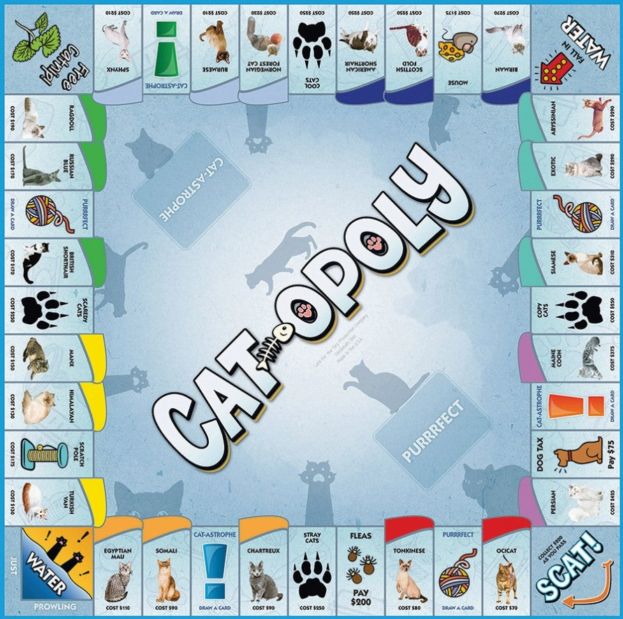The board game Catopoly, featuring a light blue background with a circular play area, colorful property tiles around the border, and large diagonal 'CATOPOLY' text in the center.
