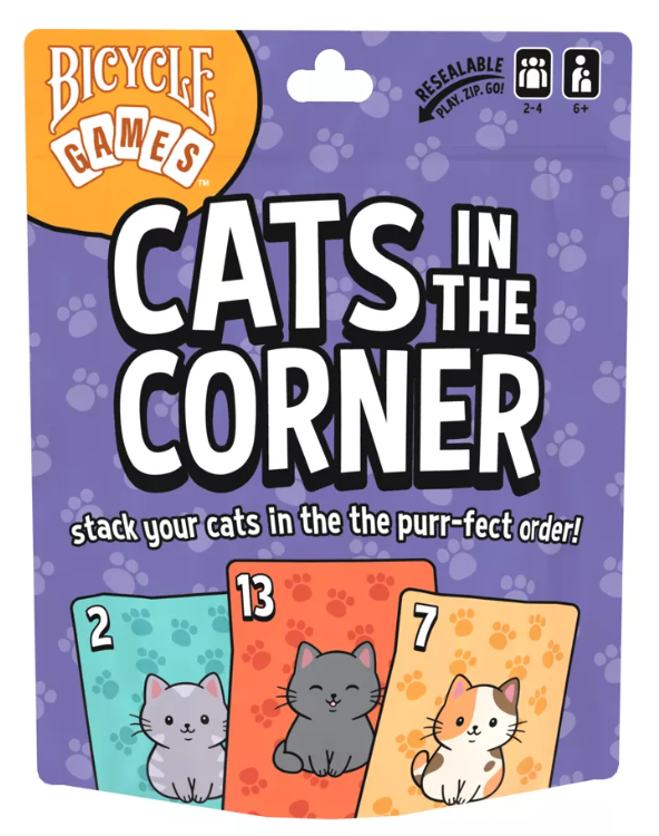 Bicycle Games 'Cats in the Corner' card game packaging, featuring a purple background with paw prints, bold white title text, and three colorful cat-themed cards at the bottom.