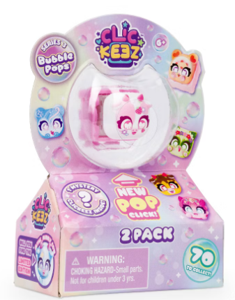 A boxed retail pack of Clik Krez 'Gritty Bubble Pops' 2-pack toy figures, featuring a pink and purple bubble-themed cardboard box with a clear window showing the toy inside.