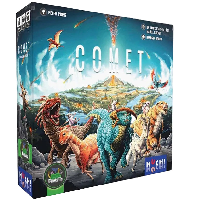 Board game box for 'Comet' by Peter Prinz, featuring a colorful illustration of prehistoric dinosaurs and creatures under a blue sky, with the Höchi brand logo visible.