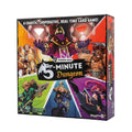 The board game box for '5-Minute Dungeon' by Conboy Reid, published by Wiggles. The packaging features vibrant, colorful fantasy artwork of various adventurers and a central black banner with the game's title and a white wolf logo.