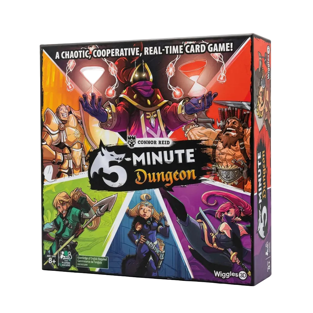The board game box for '5-Minute Dungeon' by Conboy Reid, published by Wiggles. The packaging features vibrant, colorful fantasy artwork of various adventurers and a central black banner with the game's title and a white wolf logo.