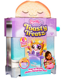 Cookzeez Makery Toasty Treatz toy set in its retail packaging, featuring a pop-in bread character and a surprise pet plush inside a purple and silver box with colorful graphics.
