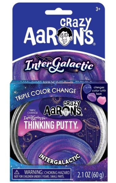 Crazy Aaron's InterGalactic Thinking Putty in a 2.1 oz (60 g) triple color-changing container with its retail packaging, featuring purple, blue, and pink colors.