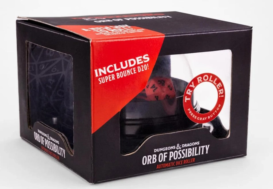 Black and red packaging box for the Dungeons & Dragons Orb of Possibility Automatic Dice Roller, with a clear window showing the product inside.