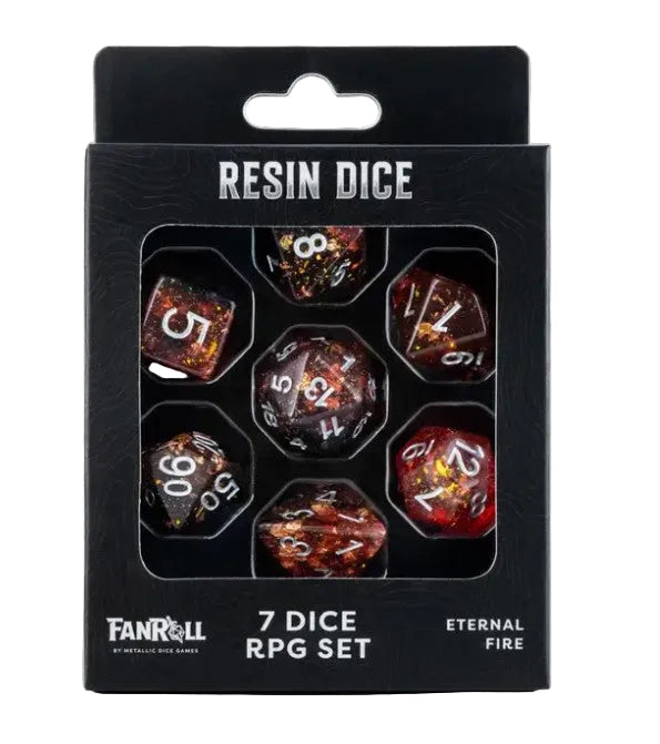 A 7-piece resin RPG dice set in its original black retail packaging, featuring red and orange glittery polyhedral dice visible through a clear window.