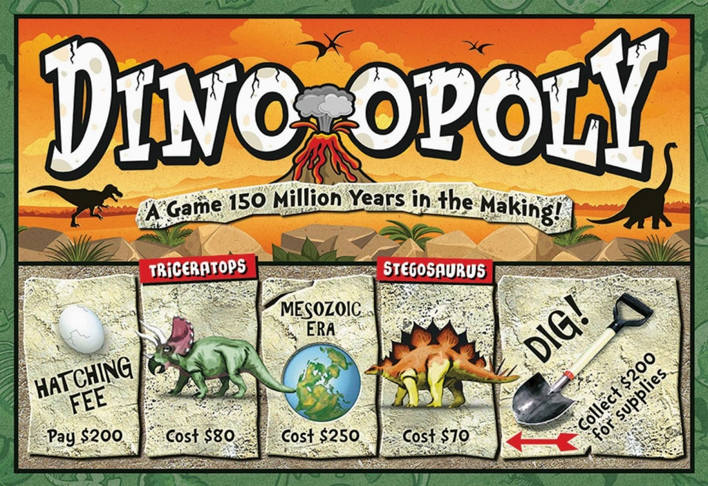 Front cover of the board game Dinoopoly, showing the game title in large white letters over a prehistoric scene with dinosaurs, a volcano, and four sand-textured tiles detailing costs for Triceratops, Mesozoic Era, Stegosaurus, and digging supplies.