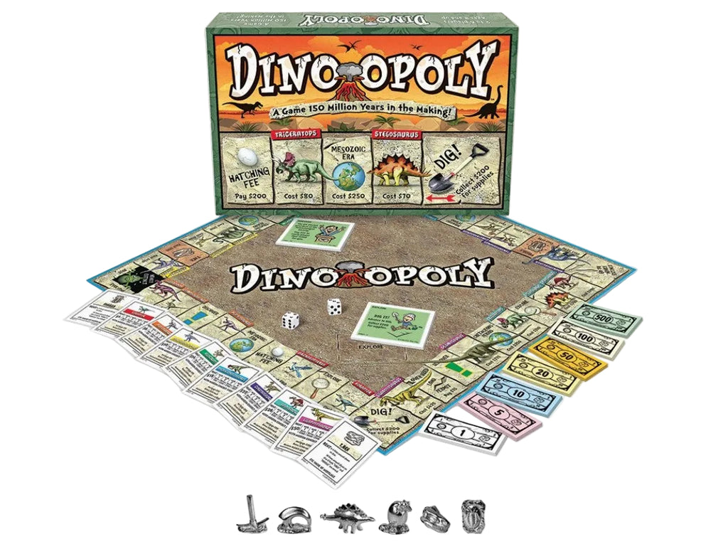 Dinoopoly board game set with the game box, play mat, property cards, and metal game pieces arranged on a white background.