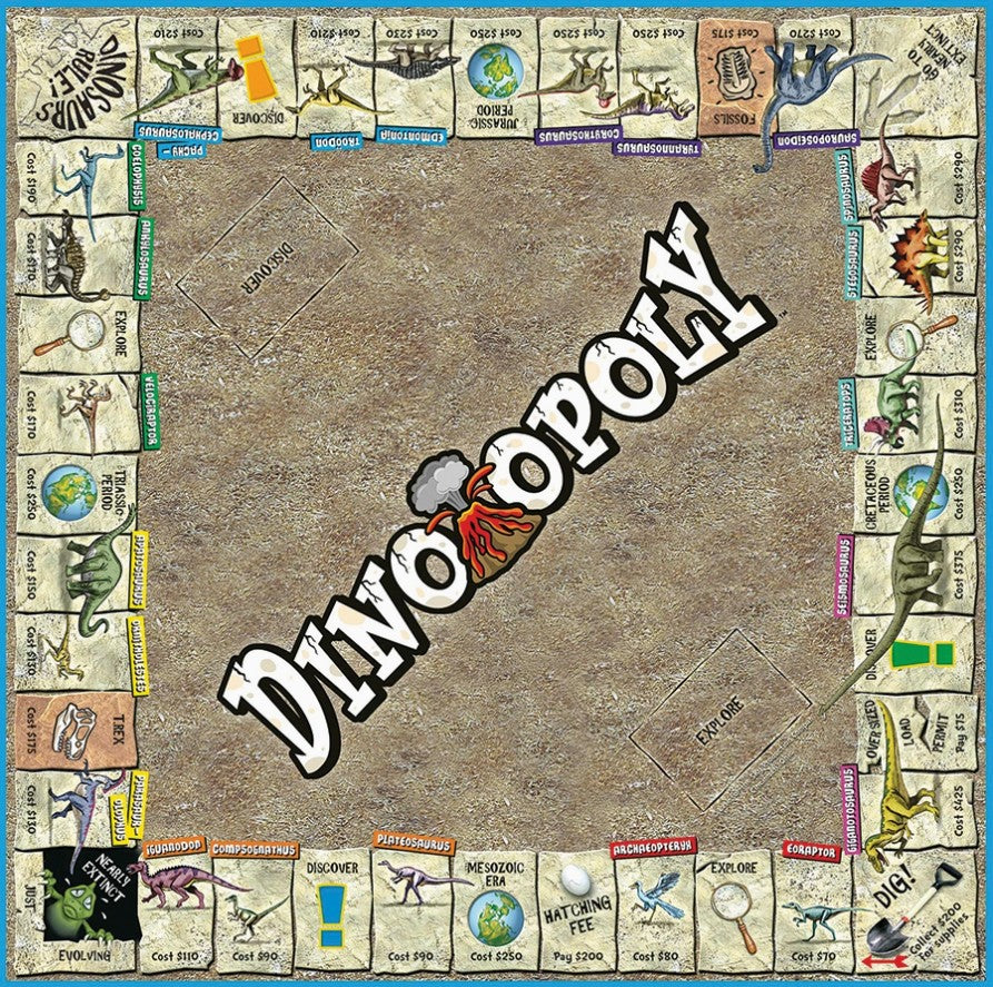 Dinoopoly board game board shown flat, featuring a tan textured center with large diagonal 'DINOPOLY' title and illustrated property tiles around the border with dinosaurs and game icons.