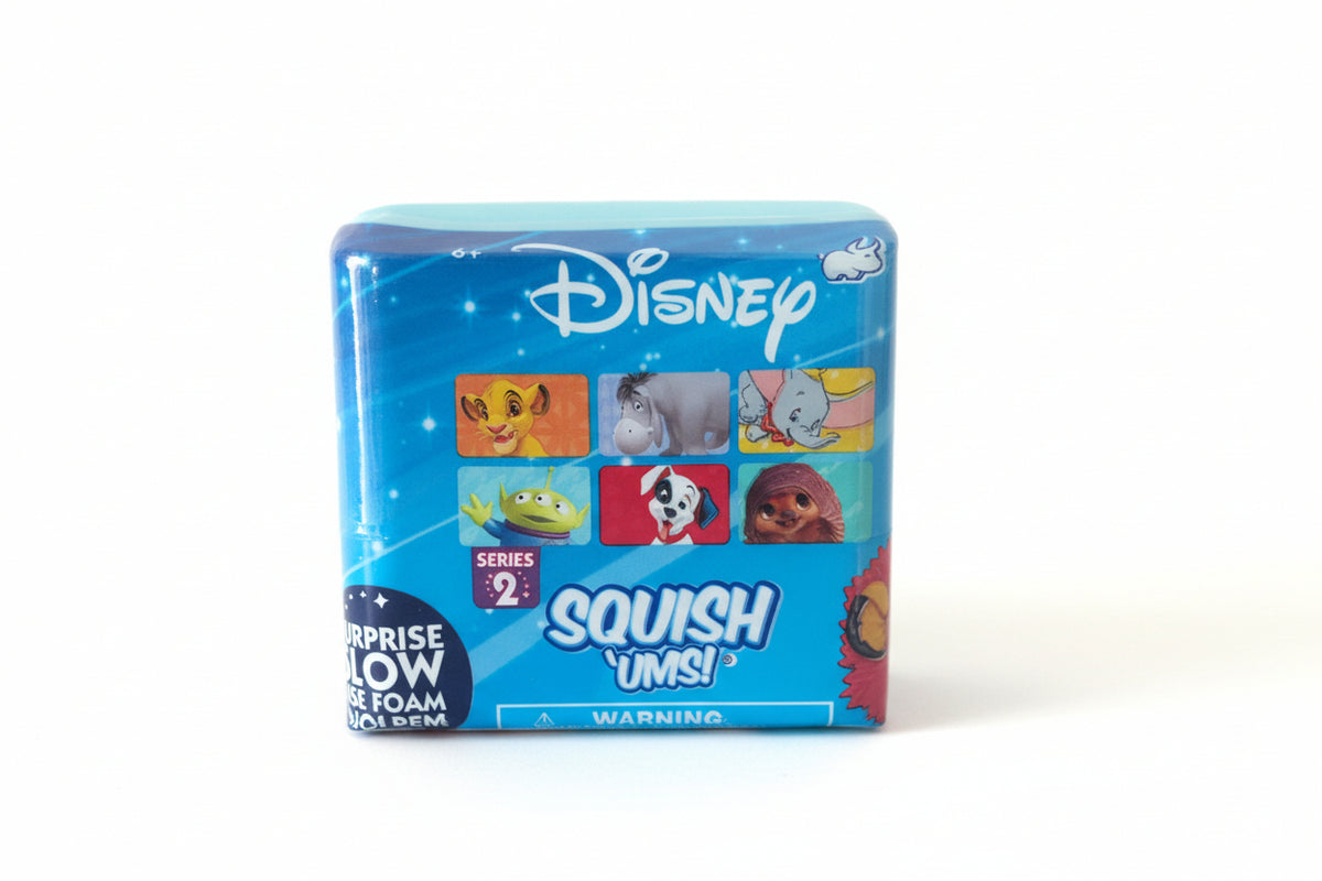 Disney Series 2 Squish 'ums! Surprise Low Foam Squishy Mums! blind box packaging, featuring colorful character graphics including Simba, Eeyore, Tinker Bell, Buzz Lightyear, Dalmatian, and Ariel on a blue background.
