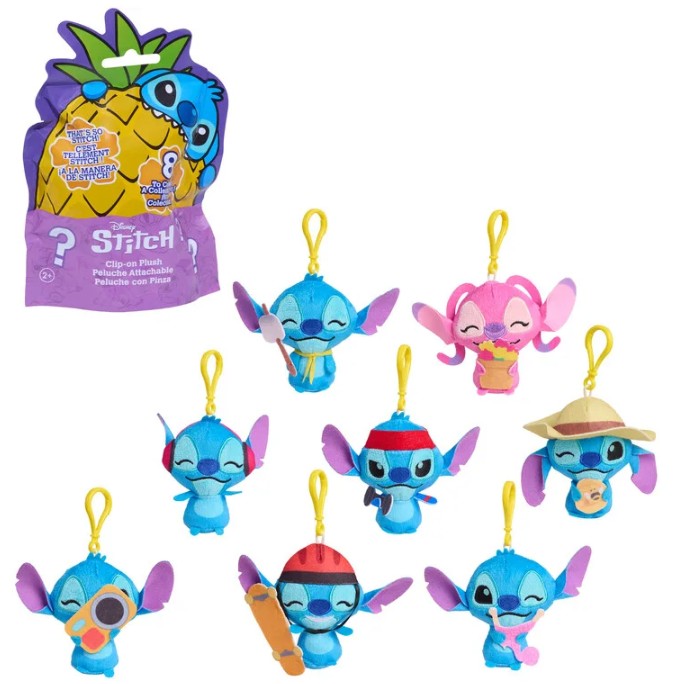 1 randomly selected Stitch-themed plush keychain figures in various outfits, displayed alongside their colorful pineapple-shaped retail packaging on a plain white background.