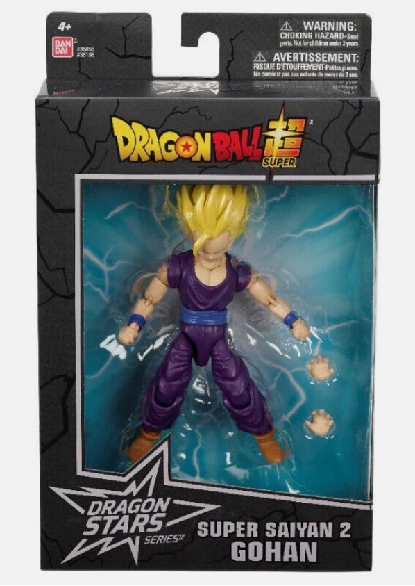 Dragon Ball Super Gohan Super Saiyan 2 action figure in its original packaging, featuring a purple and blue outfit with spiky yellow hair, shown on a black background.