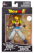 Dragon Ball Super Super Saiyan Gogeta action figure in its original window box packaging by Bandai. The figure features spiky yellow hair, a black and yellow vest, a blue sash, and gray pants, with extra hands visible inside the clear plastic window.