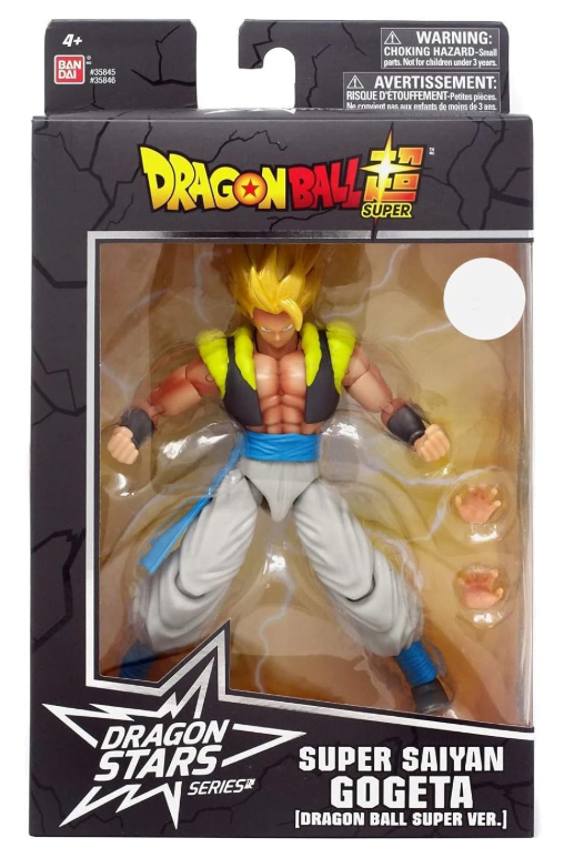 Dragon Ball Super Super Saiyan Gogeta action figure in its original window box packaging by Bandai. The figure features spiky yellow hair, a black and yellow vest, a blue sash, and gray pants, with extra hands visible inside the clear plastic window.
