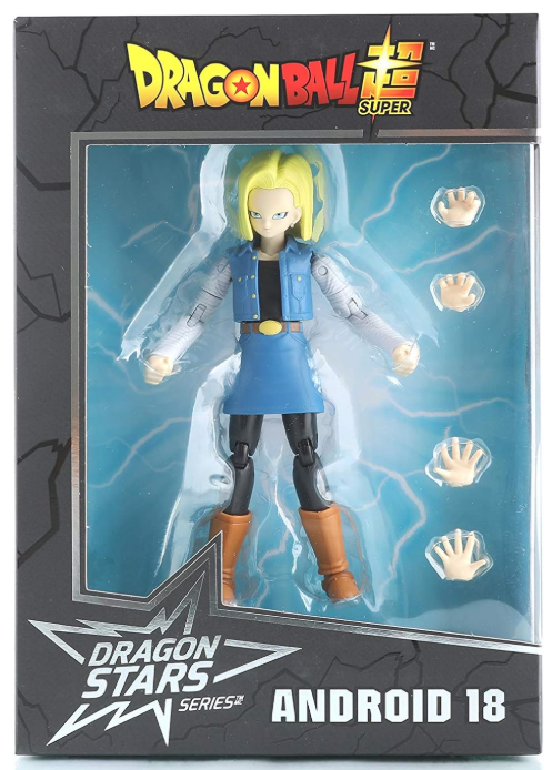Dragon Stars Series 2 Android 18 action figure in its original window box packaging, featuring a blue and black outfit with yellow hair and interchangeable hands.