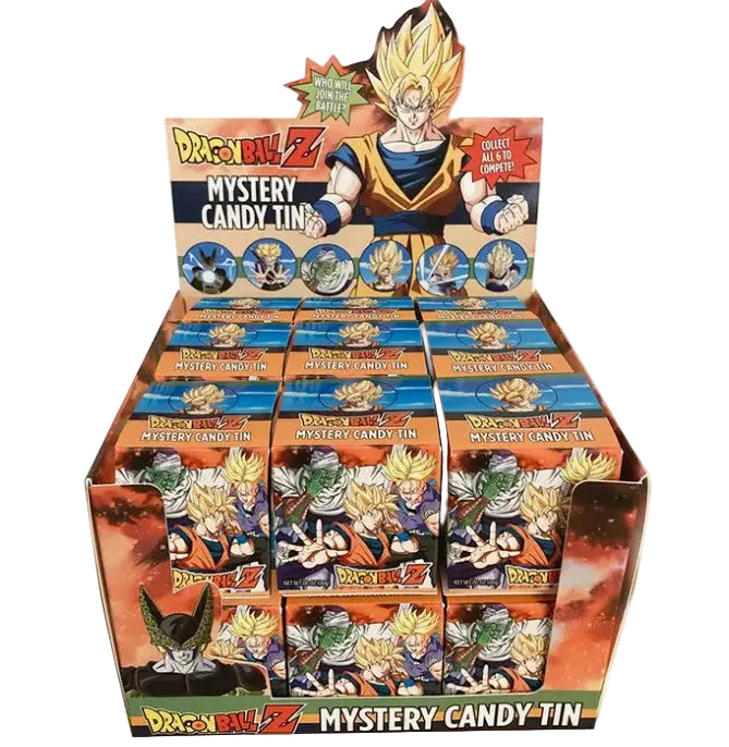 Dragon Ball Z Mystery Candy Tin display box filled with individual blind candy tin packs, featuring anime character artwork on the packaging.