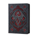 A rectangular decorative plaque or cover featuring a stylized silver dragon motif set against a red patterned background, surrounded by a dark gray ornate border with red gem-like accents in the corners.