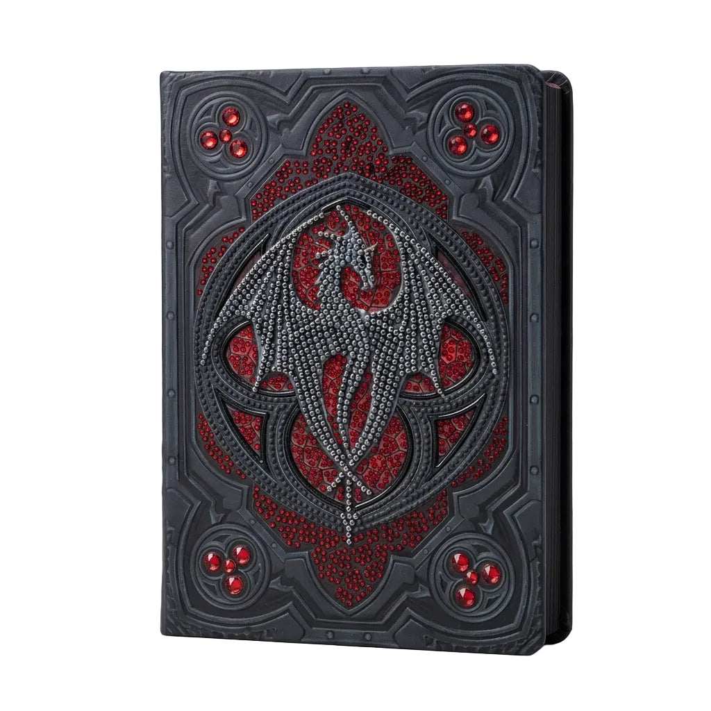 A rectangular decorative plaque or cover featuring a stylized silver dragon motif set against a red patterned background, surrounded by a dark gray ornate border with red gem-like accents in the corners.