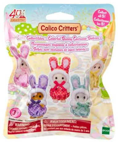 A package of Epoch Colico Critters 'Colorful Bunny Costume Babies' containing four small plush bunny figures in different pastel outfits, sealed in a colorful retail blister bag.