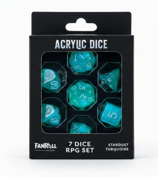 A 7-piece acrylic RPG dice set in Stardust Turquoise, packaged in a black cardboard box with a clear window. The dice are translucent turquoise with white numbering, and the box features the Fanroll brand logo.