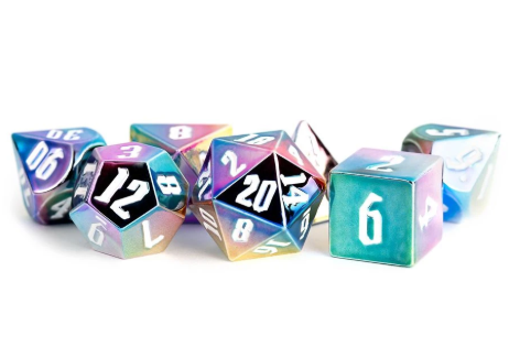 Rainbow Aegis w/ White Numbers 16mm Aluminum Plated Acrylic Poly Dice Set