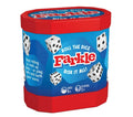 Farkle dice game in a red plastic tub with a blue label, featuring white dice illustrations and the Farkle brand name in red and white.
