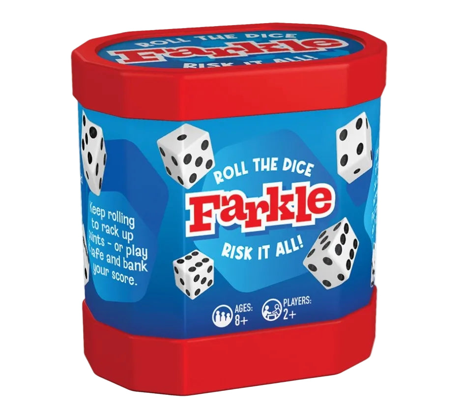 Farkle dice game in a red plastic tub with a blue label, featuring white dice illustrations and the Farkle brand name in red and white.
