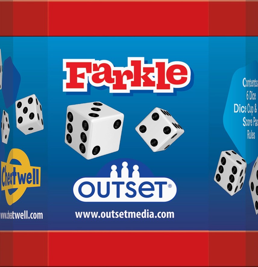 Front cover of the Farkle dice game box by Outset Media, featuring a blue background with the red and white Farkle logo, white dice illustrations, and the yellow Chesterwell brand mark.