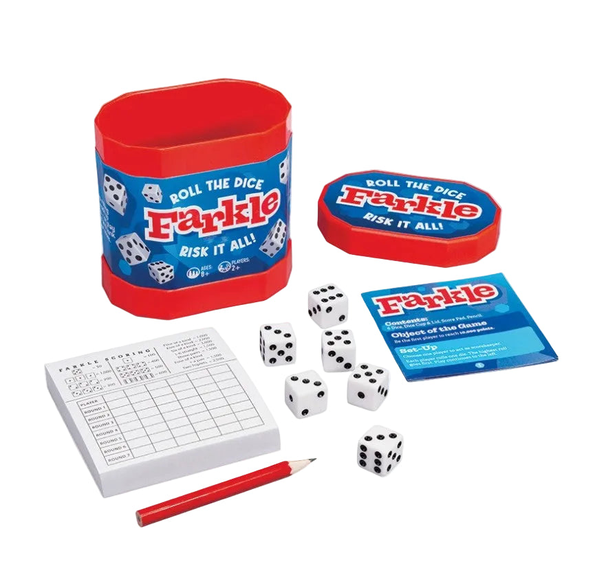 Farkle dice game set with a red cylindrical container, a red hexagonal token, blue instruction card, white scoring sheet, and white dice on a light gray background.