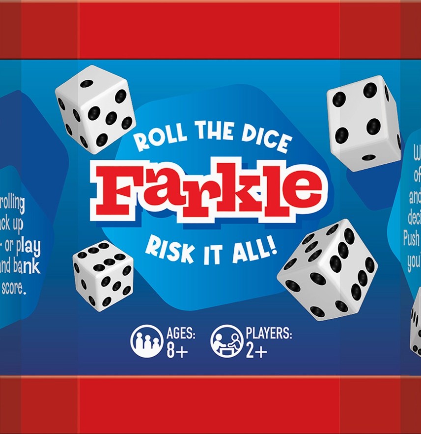 Front of a Farkle board game box or package, with a blue and red design, white dice floating around the large red Farkle logo, and text reading 'ROLL THE DICE' and 'RISK IT ALL!'.
