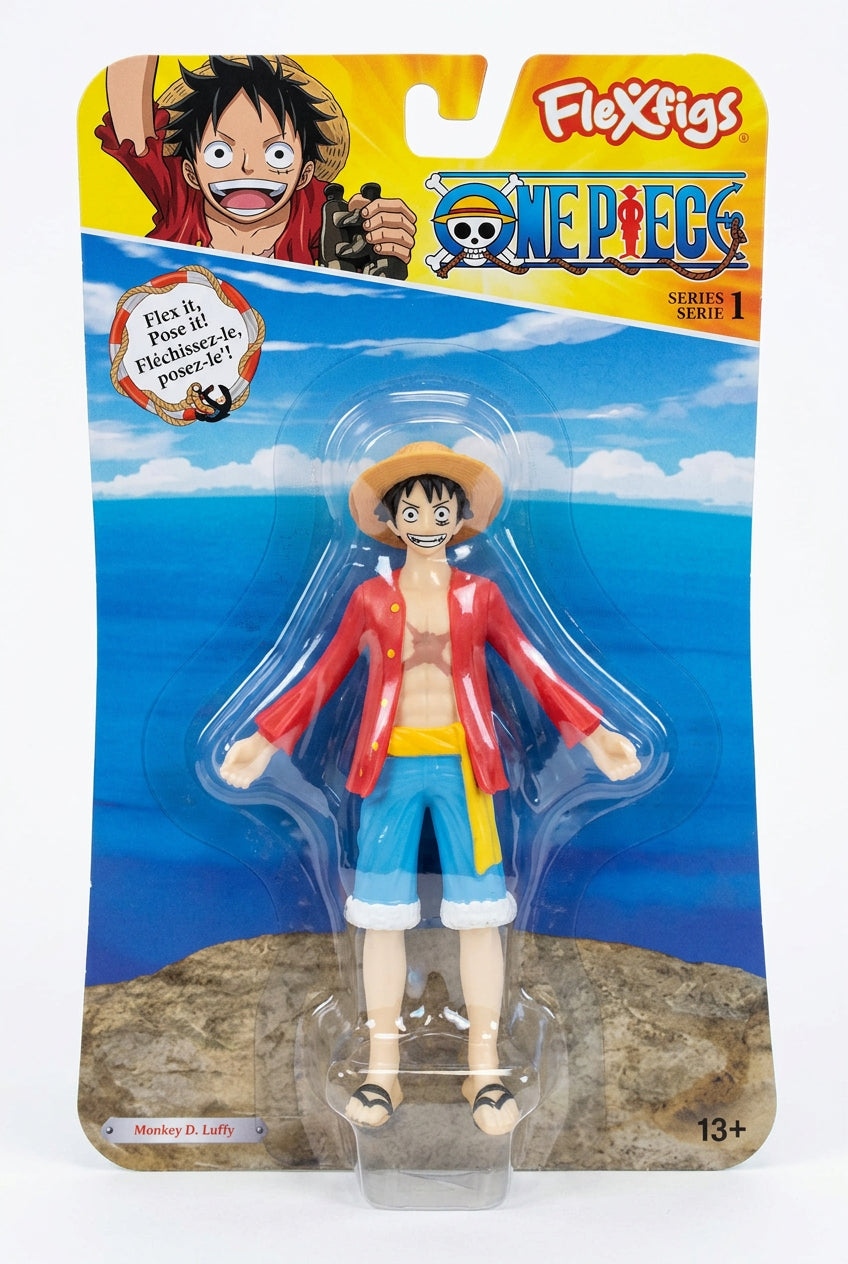 One Piece Flexfigs Series 4 Shanks the Dog action figure in its original blister card packaging, featuring a blue ocean and sandy beach background.
